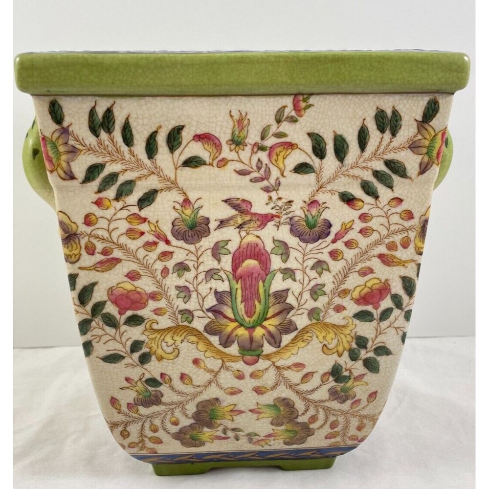 Double Handle Vase Planter Winward French Floral Bird Rectangle Crazeware